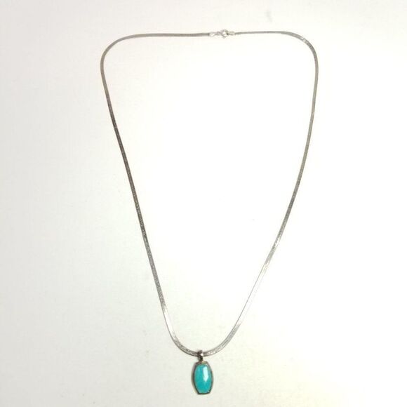 Vintage Blue Stone Sterling Silver Pendant on Long Flat Chain Necklace Tarnished - Picture 7 of 7